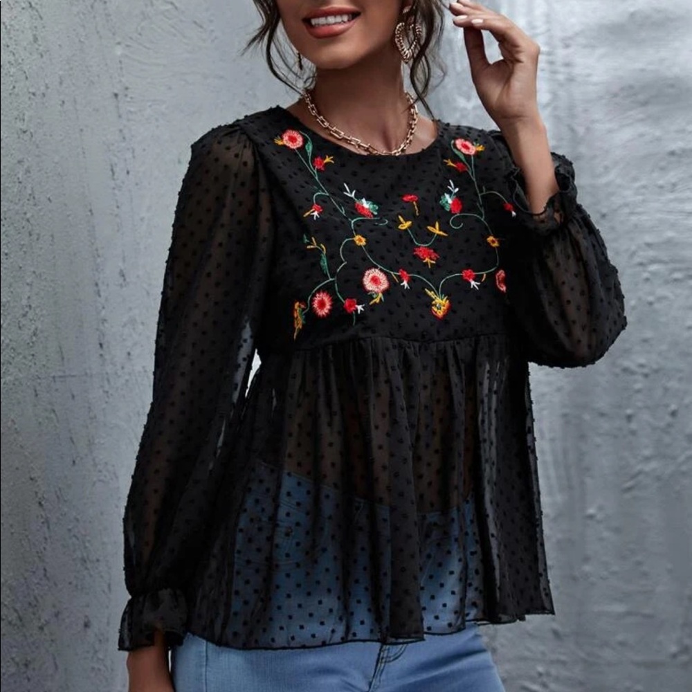 Black Swiss dot floral embroidered mesh blouse - Picture 3 of 9